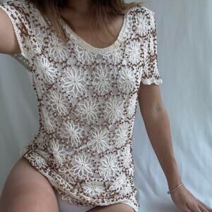 Cream crochet top with white  floral lace and brown beads